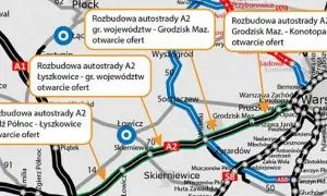 Aktualności dzisiaj: Rozbudowa autostrady A2 Łyszkowice - gr. województw, otwarcie ofert. Mapa pokazuje postęp prac.