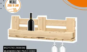 Drewniany stojak na wino z miejscem na butelkę i kieliszki, idealny do samodzielnego wykonania.