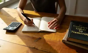 Une personne écrit dans un carnet, une calculatrice et un livre de numérologie à proximité. Cherche-t-elle à trouver une date de naissance gratuite ?