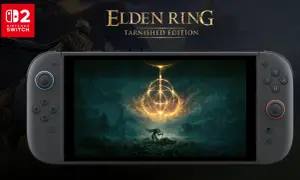 Nintendo Switch z Elden Ring: Tarnished Edition. Bohater klęczy przed Wielkim Pierścieniem w mrocznym świecie.