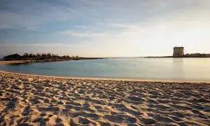 Spiagge Salento Ionico: sabbia dorata, mare calmo e una torre antica all'orizzonte, un sogno ad occhi aperti.