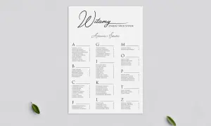 Lista gości wesela z podziałem na stoliki. Znajdź swoje miejsce przy stoliku A, B, C, F, G, I, K, L, M, O, P, T lub Z.