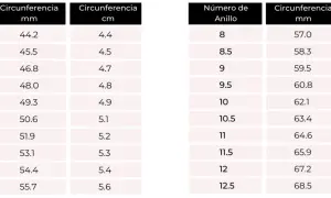 Tabla de tallas de anillos: talla 6 tiene una circunferencia de 51.9 mm o 5.2 cm.
