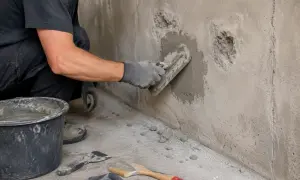 Ręce w rękawiczkach nakładają masę naprawczą na uszkodzoną ścianę za pomocą kielni. Obok wiadro z zaprawą i narzędzia.