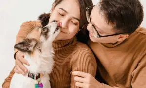 Un tierno momento familiar: un perro lame la nariz de su dueña mientras su pareja lo abraza.
