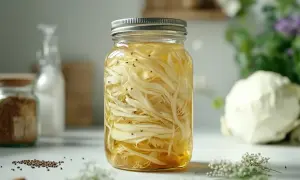 Ein Glas mit spitzkohl fermentieren. Feine Kohlstreifen und Senfkörner in einer goldenen Flüssigkeit.