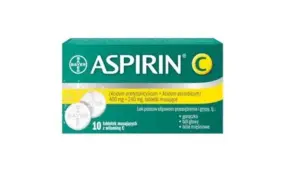 Opakowanie Aspirin C z kwasem acetylosalicylowym i witaminą C, 10 tabletek musujących na objawy przeziębienia i grypy.