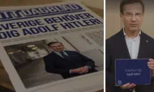 En tidning med rubriken "Sverige behöver dig Adolf Hitler!" och en man som håller en surfplatta med samma text. Frågan om hade Hitler barn är irrelevant för bilden.