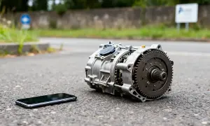 Une boite CVT métallique repose sur l'asphalte à côté d'un smartphone.