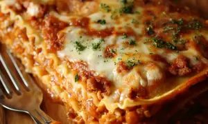 Ein Stück **Lasagne einfach** mit geschmolzenem Käse und Hackfleischsauce, garniert mit Petersilie. Daneben eine Gabel.