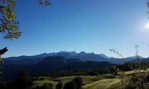 Paisaje montañoso con un bosque peloño al amanecer. El sol ilumina las cumbres y el cielo azul se extiende sobre la naturaleza.