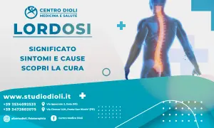 Immagine medica che illustra una colonna vertebrale con lordosi grave. Testo: "LORDOSI: Significato, Sintomi e Cause. Scopri la cura." Contatti del Centro Dioli.