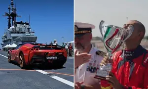 Fabio Barone festeggia una vittoria con un trofeo, mentre un'auto sportiva rossa sfreccia su una nave.