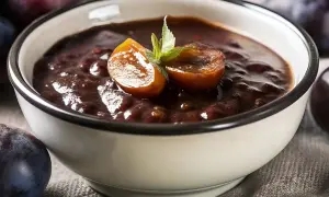 Gęsty, aromatyczny sos z suszonych śliwek do mięsa, udekorowany połówkami śliwek i miętą.