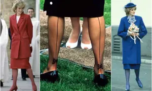 Księżna Diana stylizacje: czerwony garnitur, czarne pończochy z kokardkami, niebieski płaszcz. Ikona mody.