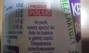 Produkt polski. Nr partii, należy spożyć do: data na butelce w górnej części. Bez laktozy.