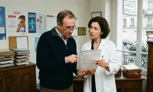 Un médecin examine avec un patient un rapport d'analyse médicale, discutant des résultats, peut-être liés à l'acide urique.