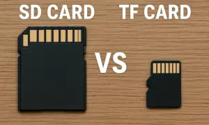 Comparación visual entre una tarjeta SD y una tarjeta TF (microSD). La tarjeta TF es mucho más pequeña.
