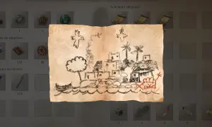 Mapa skarbów z Assassin's Creed Mirage. Dziecięcy rysunek przedstawia miasto, ptaki i tajemnicze symbole, wskazując drogę do ukrytych zagadek.