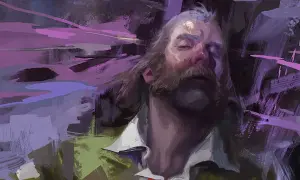 Portret mężczyzny z wąsami, w stylu Disco Elysium 2, otoczony fioletowymi, abstrakcyjnymi pociągnięciami pędzla.