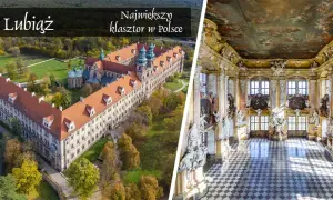 Widok z lotu ptaka na imponujący zamek Lubiąż, największy klasztor w Polsce, oraz jego barokowe wnętrza.