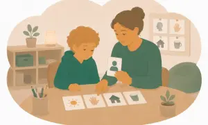 Kvinna och barn övar med bildkort, en metod som kan stödja barn med autism och adhd.