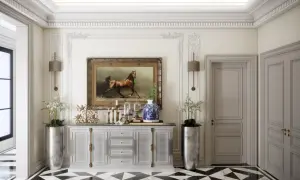 Eleganckie art deco wnętrza z obrazem galopującego konia, symetrycznymi wazonami i geometryczną posadzką.