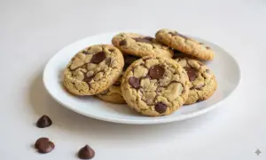 Assiette de délicieux cookies sans oeuf aux pépites de chocolat, parfaits pour un goûter gourmand.