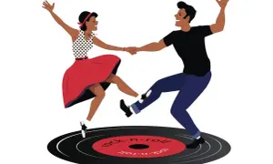 Para tańczy rock and roll na płycie winylowej. Ona w grochy i czerwonej spódnicy, on w czarnej koszulce.