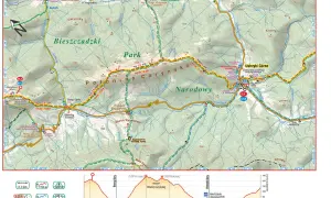 Mapa szlaku **czerwony szlak beskidzki** przez Połoninę Caryńską i Park Narodowy. Widoczne szczyty, schroniska i profile wysokości.