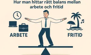 En man balanserar på en våg mellan arbete (klocka, laptop, portfölj) och fritid (strand, paraply, musik). Bilden illustrerar hur man hittar rätt balans mellan arbete och fritid, och vad som ingår i begreppet arbetsbelastning.