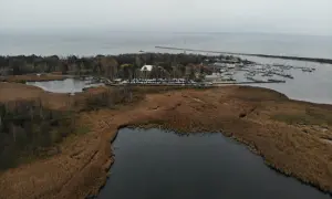 Widok na port jachtowy i jezioro otoczone trzcinami. W oddali widać morze i falochron. To malownicze **górki zachodnie**.
