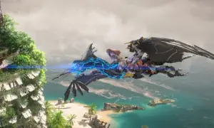 Aloy na latającym stworze przemierza niebo nad tropikalnymi wyspami w Horizon Forbidden West: Burning Shores.