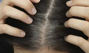 Mani che separano i capelli scuri per mostrare la ricrescita grigia, un primo piano utile per capire come applicare la tinta sulla ricrescita da sola.