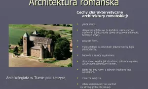 Architektura romańska: Archikolegiata w Tumie, przykład sztuki w średniowieczu. Grube mury, proste formy, małe okna.