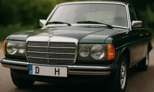 Dunkelgrüner Mercedes-Benz mit historischem Kennzeichen. Ab wann solche Kennzeichen erlaubt sind, ist eine Frage der Zulassung.