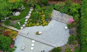 Ein moderner japanischer Garten mit Kiesflächen, Holzstegen und üppiger Bepflanzung. Tolle Garten Ideen für eine Oase der Ruhe.