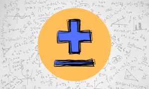 Niebieski plus minus symbol na tle równań matematycznych.