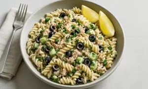 En skål med krämig tonfisksallad med pasta, svarta oliver, gurka och citronklyftor.