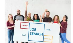 Grupa ludzi trzyma tablicę z napisem "JOB SEARCH", symbolizującą poszukiwanie pracy i najbardziej poszukiwane zawody w Polsce.