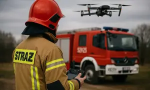 Strażak w hełmie i kurtce z napisem "STRAŻ" steruje dronem. W tle czerwony wóz strażacki. Nowoczesne jednostki KSRG wykorzystują technologię.