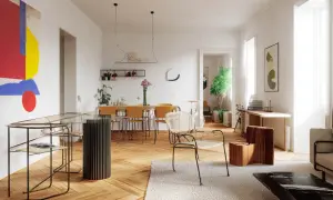 Jasne, przestronne wnętrze w stylu bauhaus z abstrakcyjnym obrazem, szklanym stołem i drewnianymi meblami.