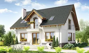 Nowy dom z pięknymi oknami i balkonem. Dbałość o detale, jak obróbka okna, podkreśla jego urok.