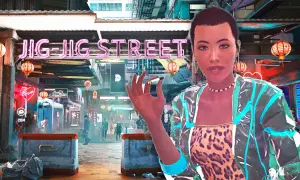 Cyberpunk 2077: Jig-Jig Street, ein Ort für alle Arten von Vergnügen. Eine Frau mit Zigarette im Vordergrund.