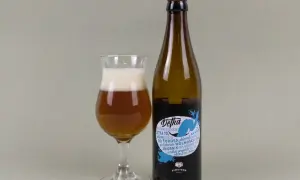 Szklanka z bursztynowym piwem i pianką obok butelki piwa typu new england ipa. Etykieta "Detka" z niebieskim motywem wodnym.