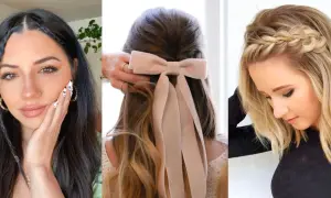 Peinados con peinetas y cabello suelto: trenzas finas, un lazo de terciopelo y una trenza diadema.