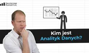 Zamyślony mężczyzna obok wykresu i postaci z krawatem. Kim jest analityk danych?