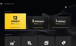 Ekran PlayStation Plus z ofertami subskrypcji: 12 miesięcy za 240 zł, 3 miesiące za 100 zł, 1 miesiąc za 37 zł.