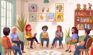 Elternabend im Kindergarten: Eine Gruppe von Eltern sitzt im Kreis, bespricht sich und tauscht sich aus. Kinderbilder hängen an der Wand.