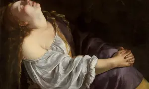 Artemizja, w białej sukni, z głową odrzuconą do tyłu, w modlitewnym geście.